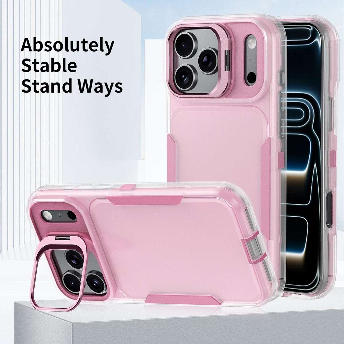 For iPhone 17 Pro Max Traveler Lens Frame Holder Phone Case(Semi-transparent Pink)