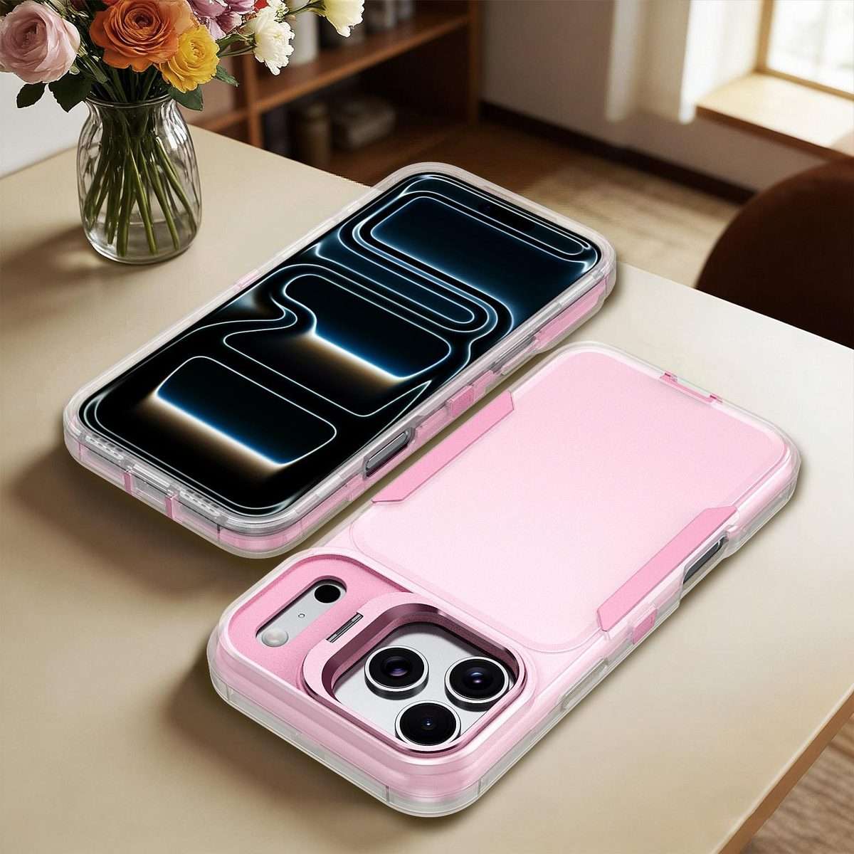 For iPhone 17 Pro Max Traveler Lens Frame Holder Phone Case(Semi-transparent Pink)