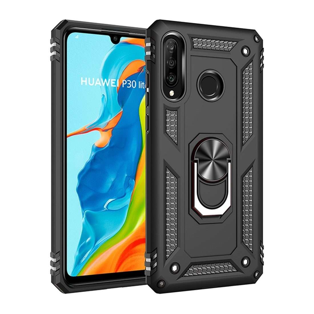 Armor Shockproof TPU + PC Protective Case for Huawei P30 Lite, with 360 Degree Rotatio ... (Black)
