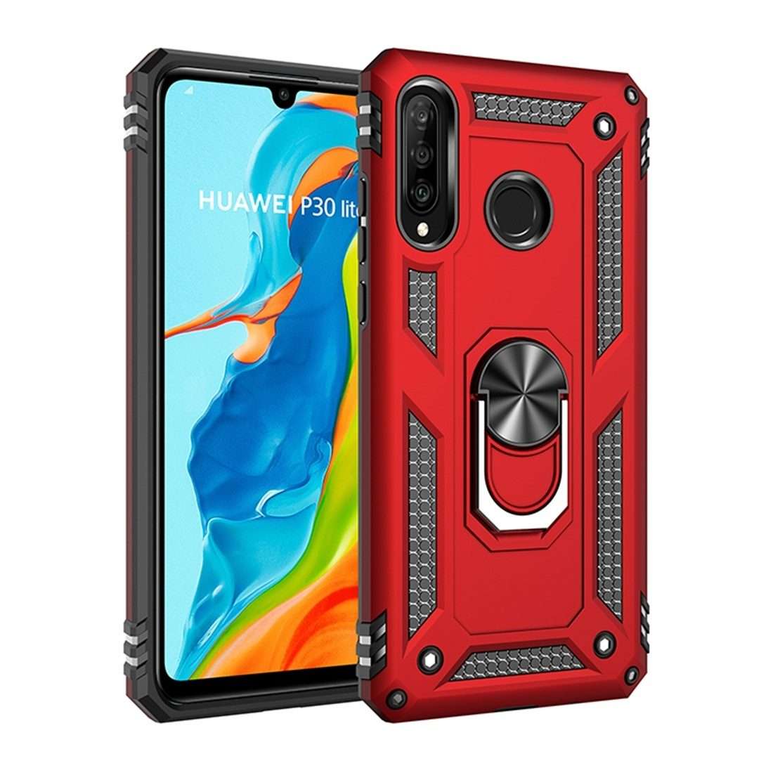 Armor Shockproof TPU + PC Protective Case for Huawei P30 Lite, with 360 Degree Rotation ... (Red)