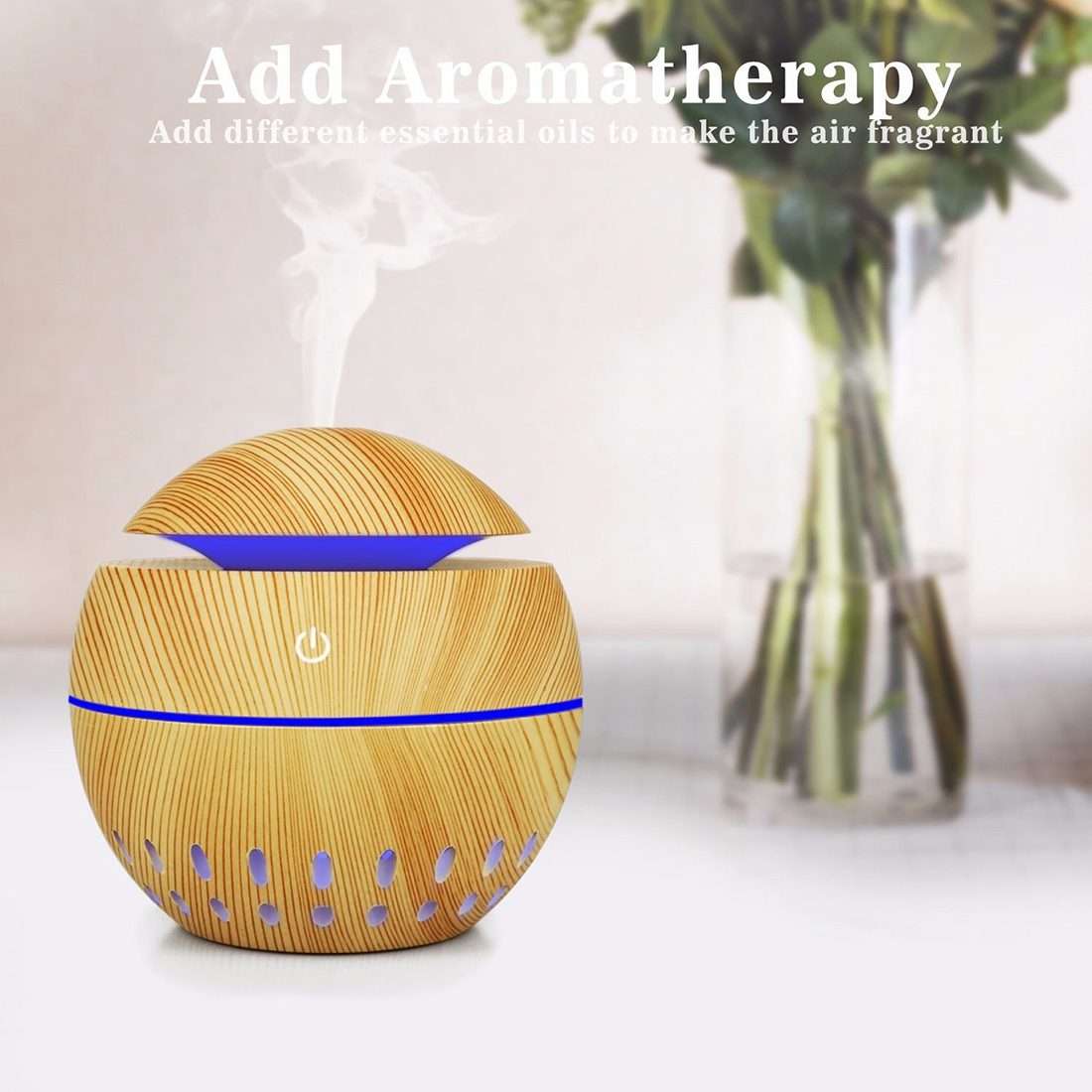 Wood Grain USB Hollowed-out Humidifier Seven Color Aromatherapy Lamp Automatic Alco ... (Sky Blue)