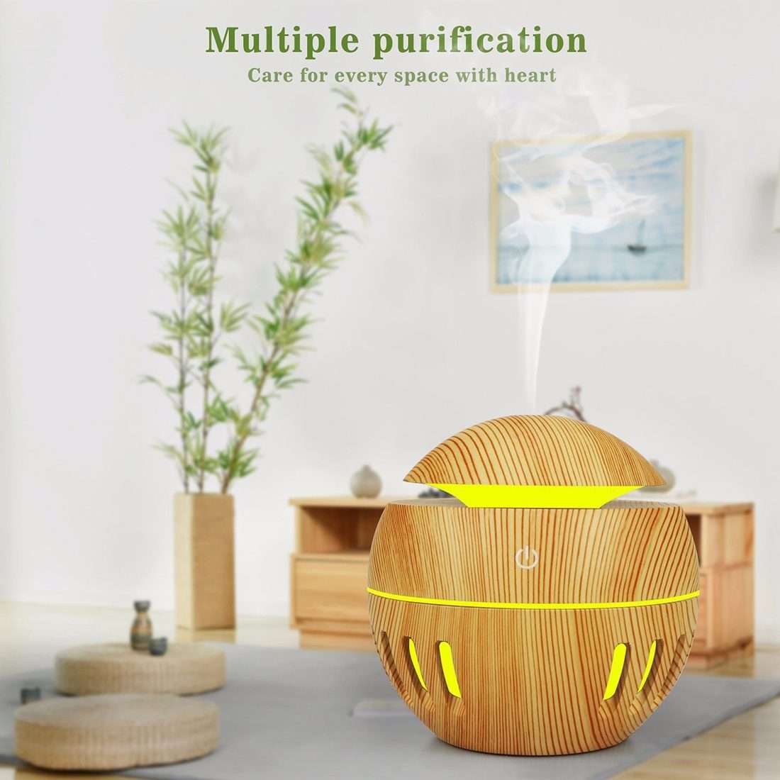 Wood Grain USB Hollowed-out Humidifier Seven Color Aromatherapy Lamp Automatic Alco ... (Sky Blue)