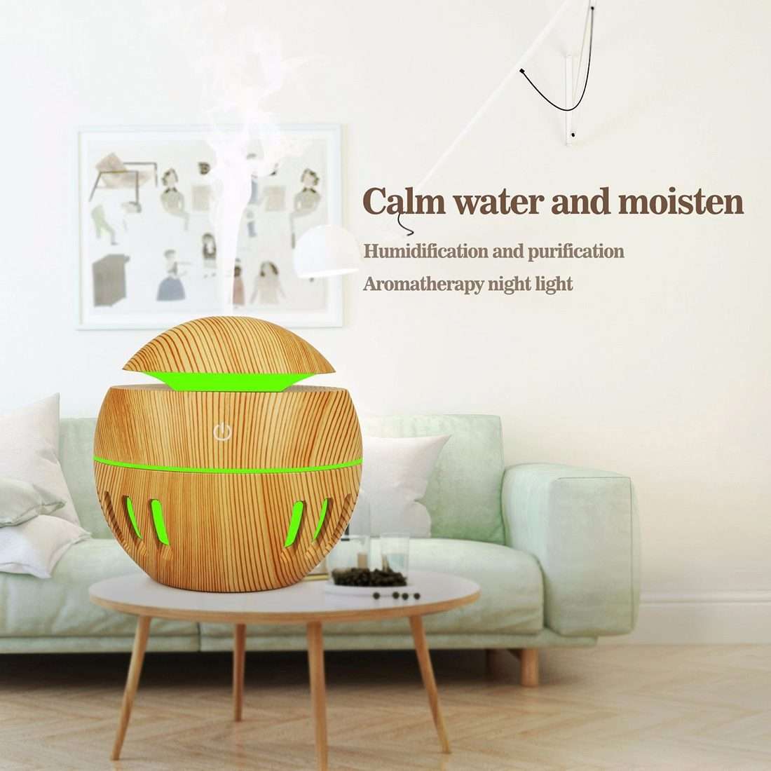 Wood Grain USB Hollowed-out Humidifier Seven Color Aromatherapy Lamp Automatic Alco ... (Sky Blue)