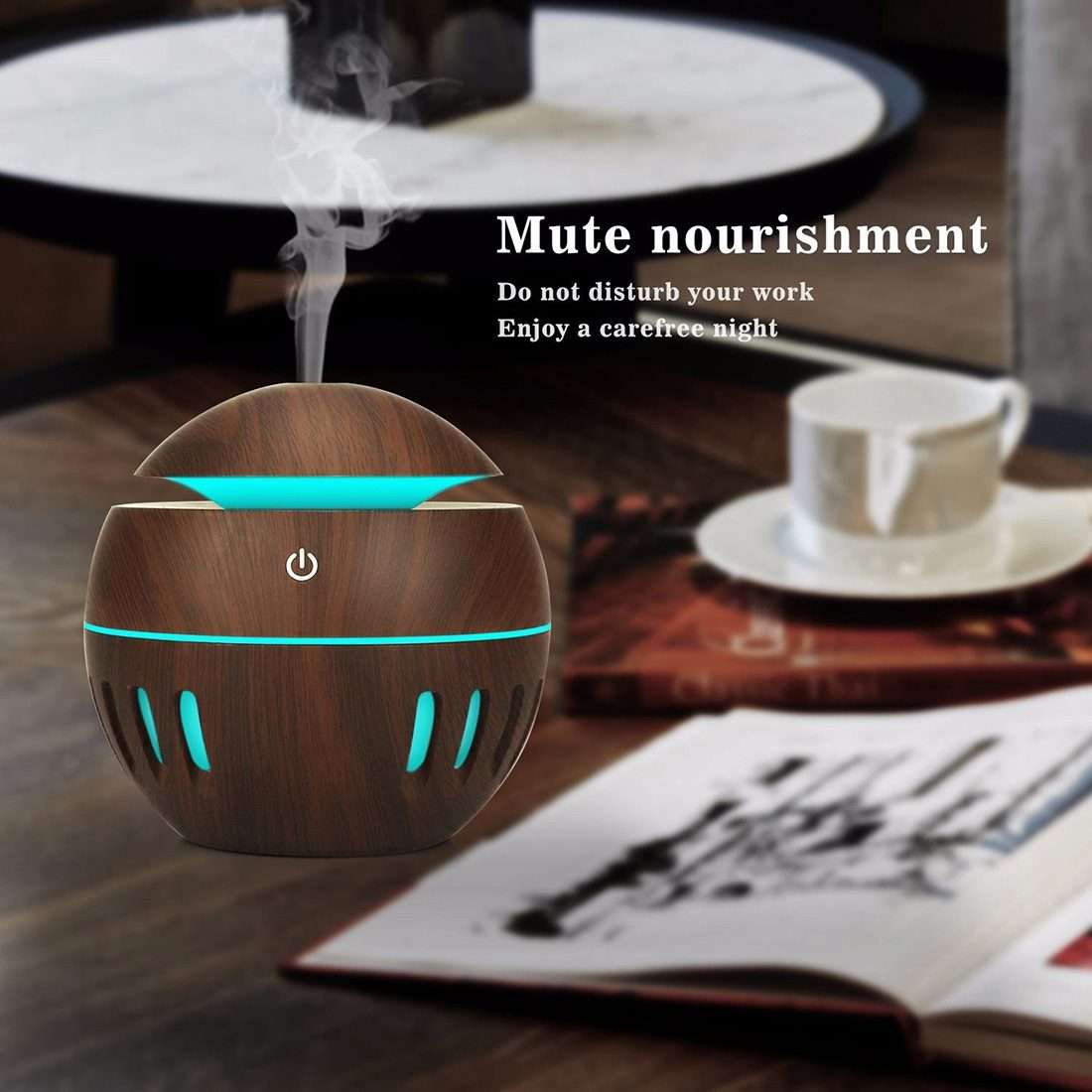 Wood Grain USB Hollowed-out Humidifier Seven Color Aromatherapy Lamp Automatic Alco ... (Sky Blue)