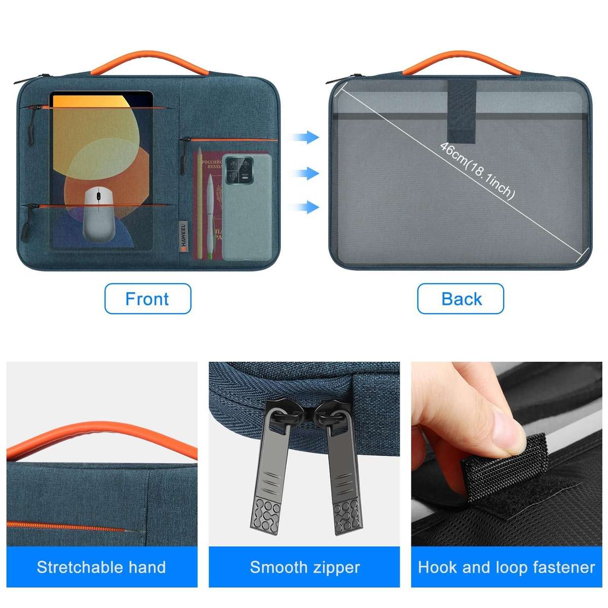HAWEEL 15.0 inch Sleeve Case Zipper Briefcase Laptop Handbag For Macbook, Samsung ... (Navy Blue)