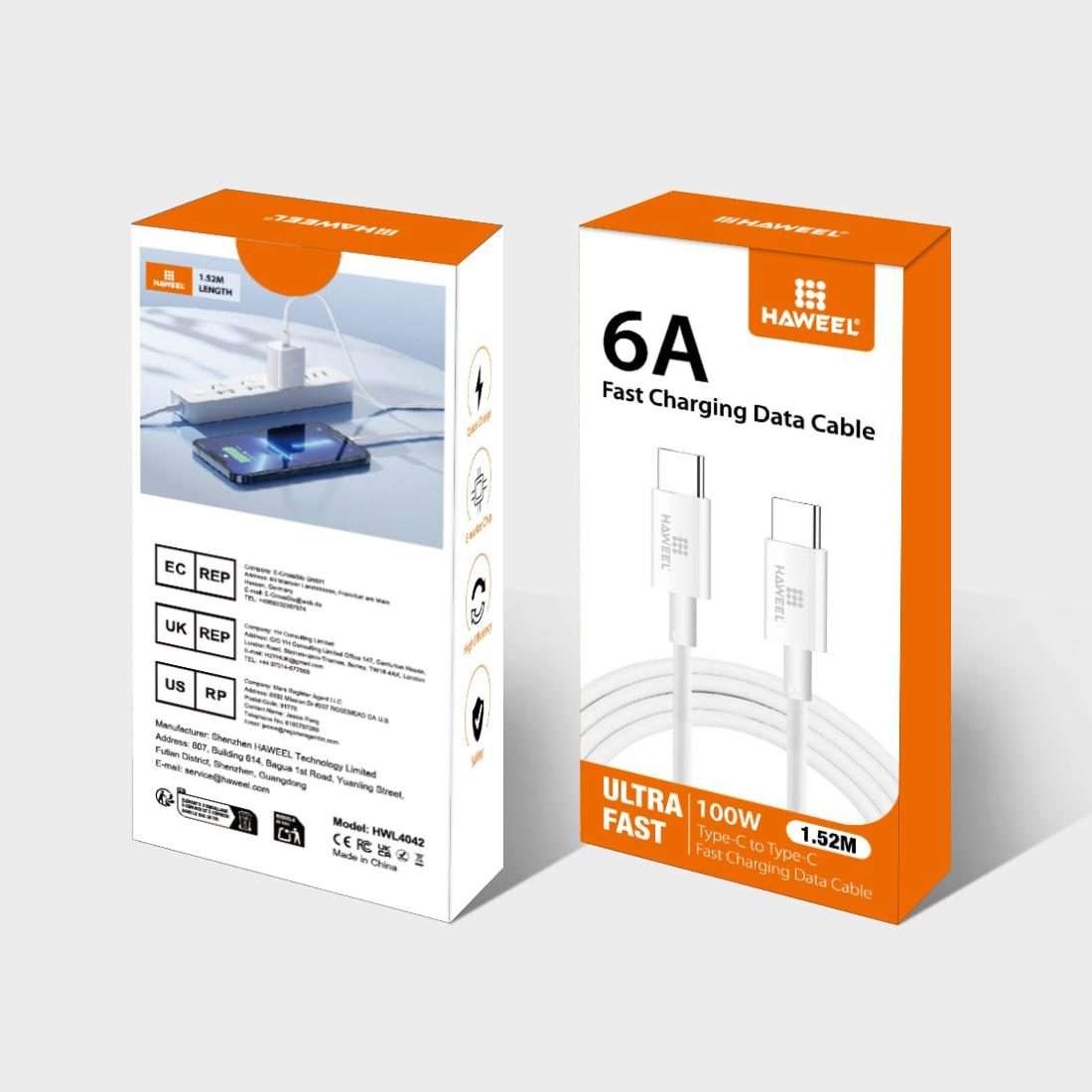 HAWEEL 100W 6A USB-C / Type-C to USB-C / Type-C Fast Charging Data Cable, Length: 1.52m