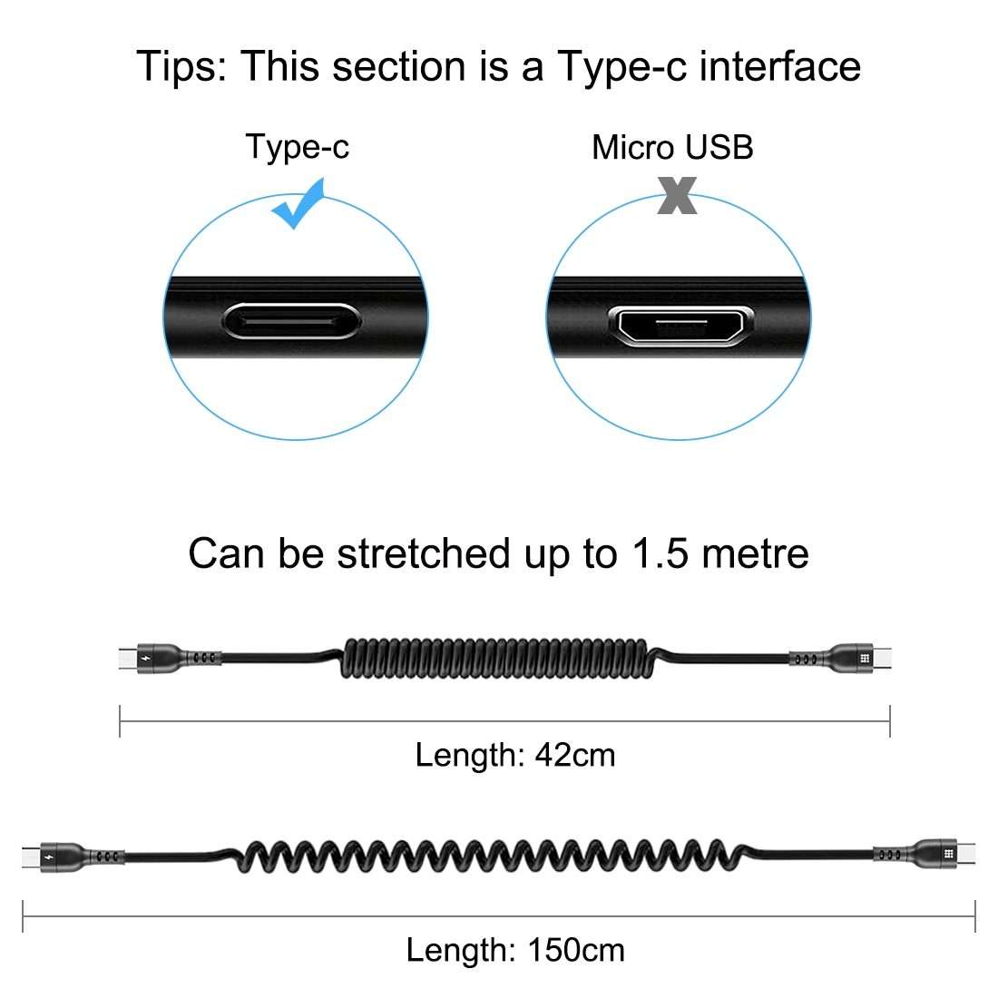 HAWEEL 1.5m 5A USB-C / Type-C to USB-C / Type-C Retractable Coiled PD Fast Charging Cable