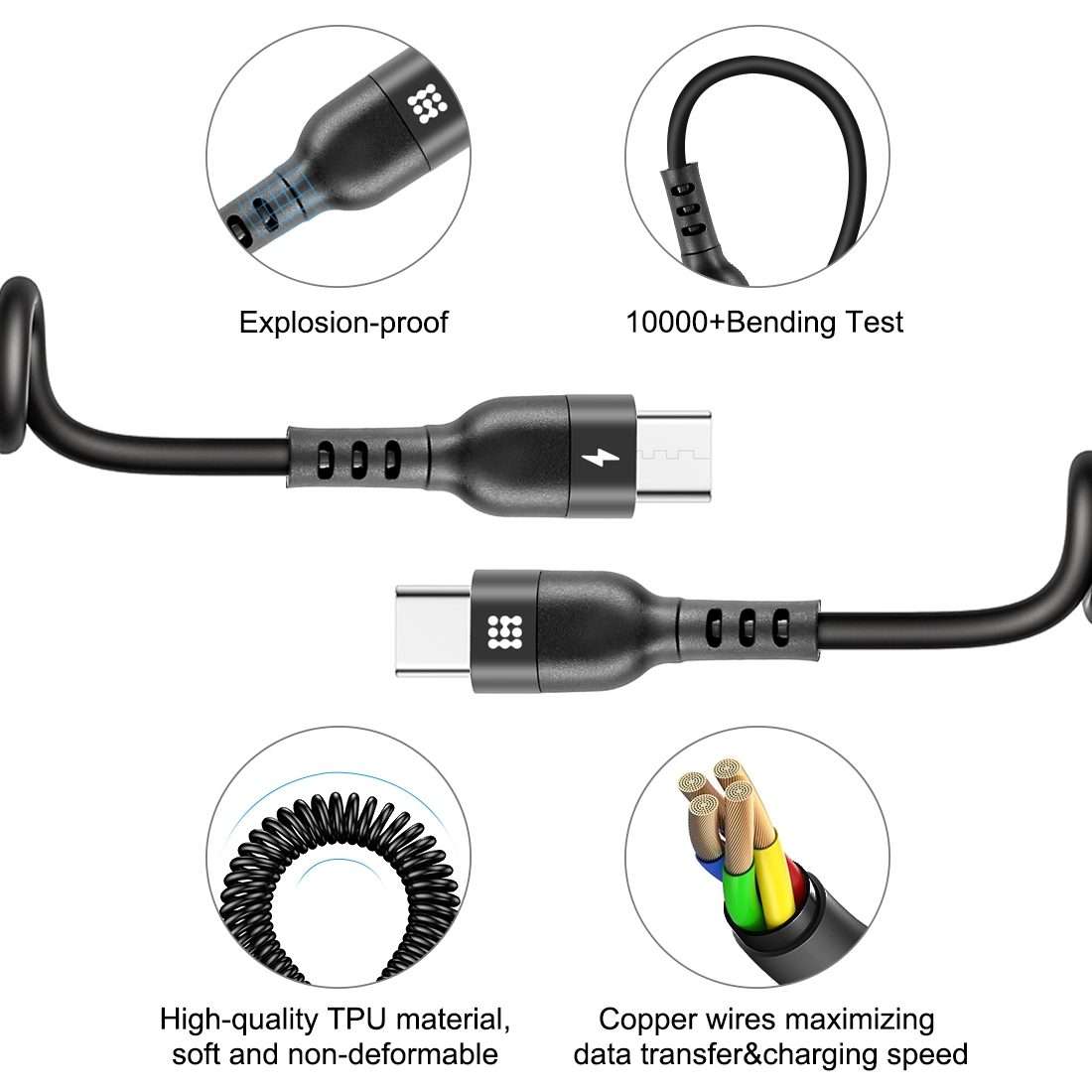 HAWEEL 1.5m 5A USB-C / Type-C to USB-C / Type-C Retractable Coiled PD Fast Charging Cable