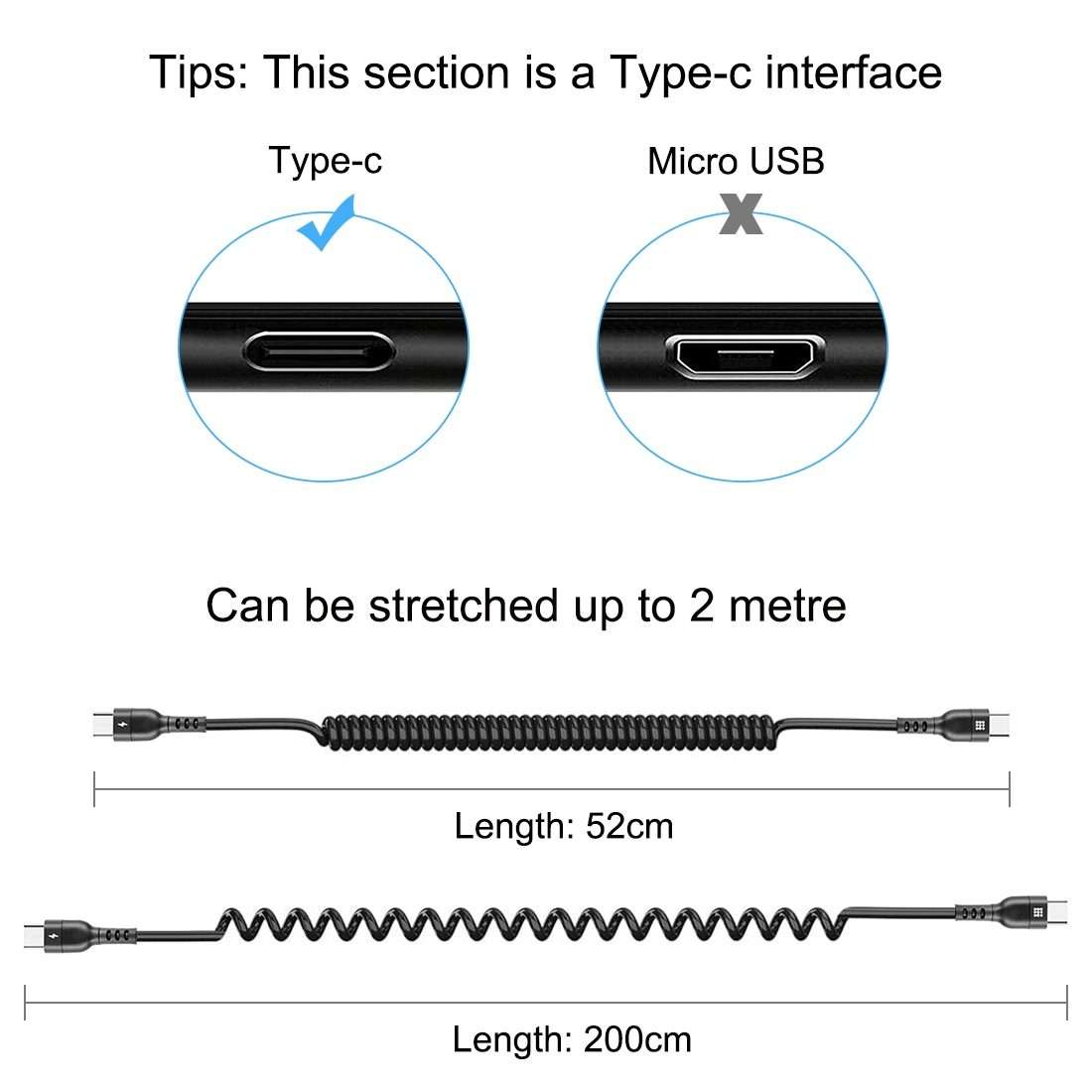 HAWEEL 2m 5A USB-C / Type-C to USB-C / Type-C Retractable Coiled PD Fast Charging Cable