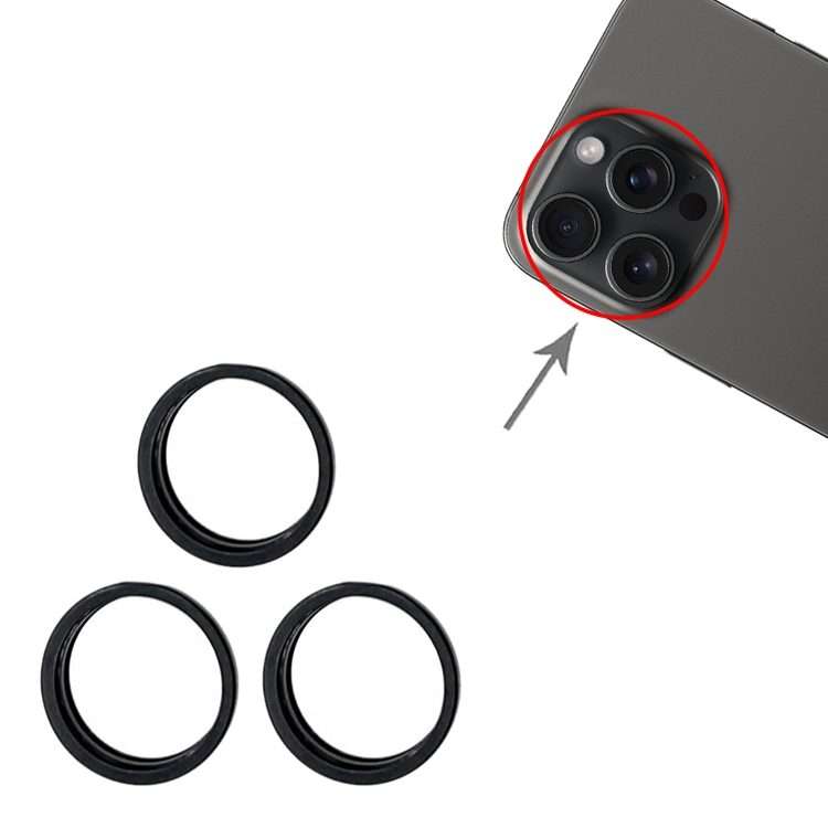 For iPhone 15 Pro / 15 Pro Max 3pcs/set Rear Camera Glass Lens Metal Outside Protector ... (Black)