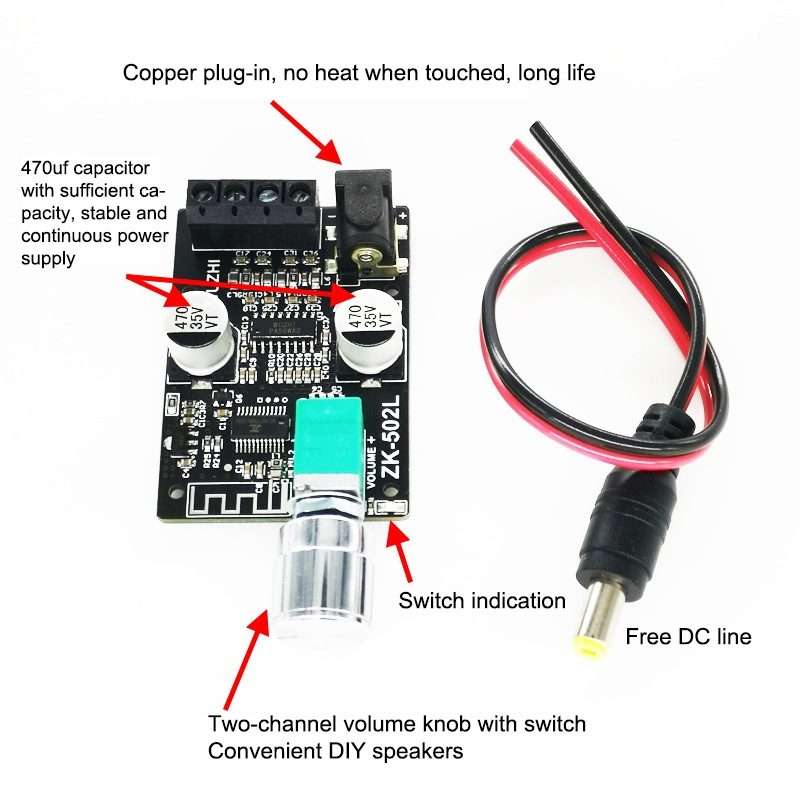 ZK-502L Bluetooth 5.0 12/24V Wireless Stereo Audio Digital Power Amplifier Board 50Wx2 Bluetooth A