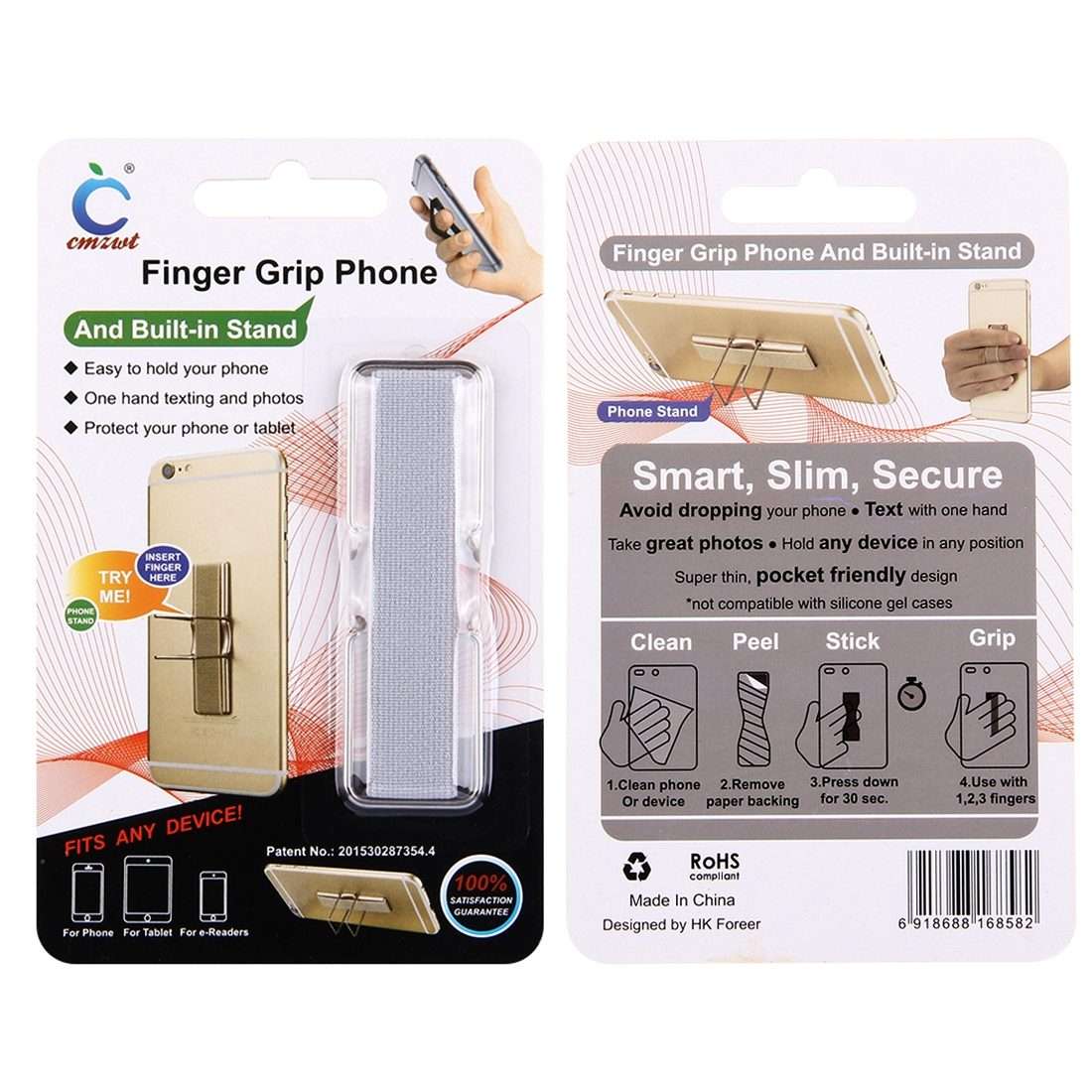 2 in 1 Adjustable Universal Mini Adhesive Holder Stand + Slim Finger Grip, Size: 7.3 ... (Silver)