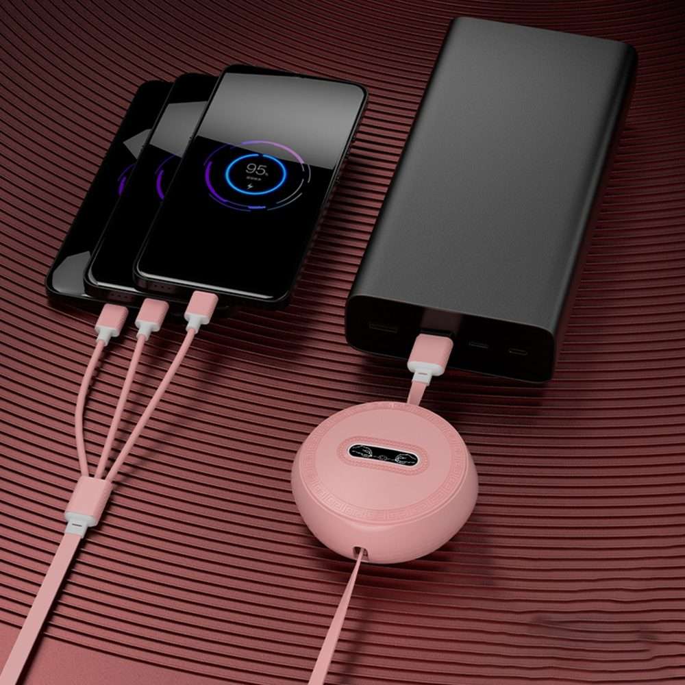 Micro + 8 Pin + Type-C / USB-C 3 In 1 Telescopic Charging Cable (Pink)