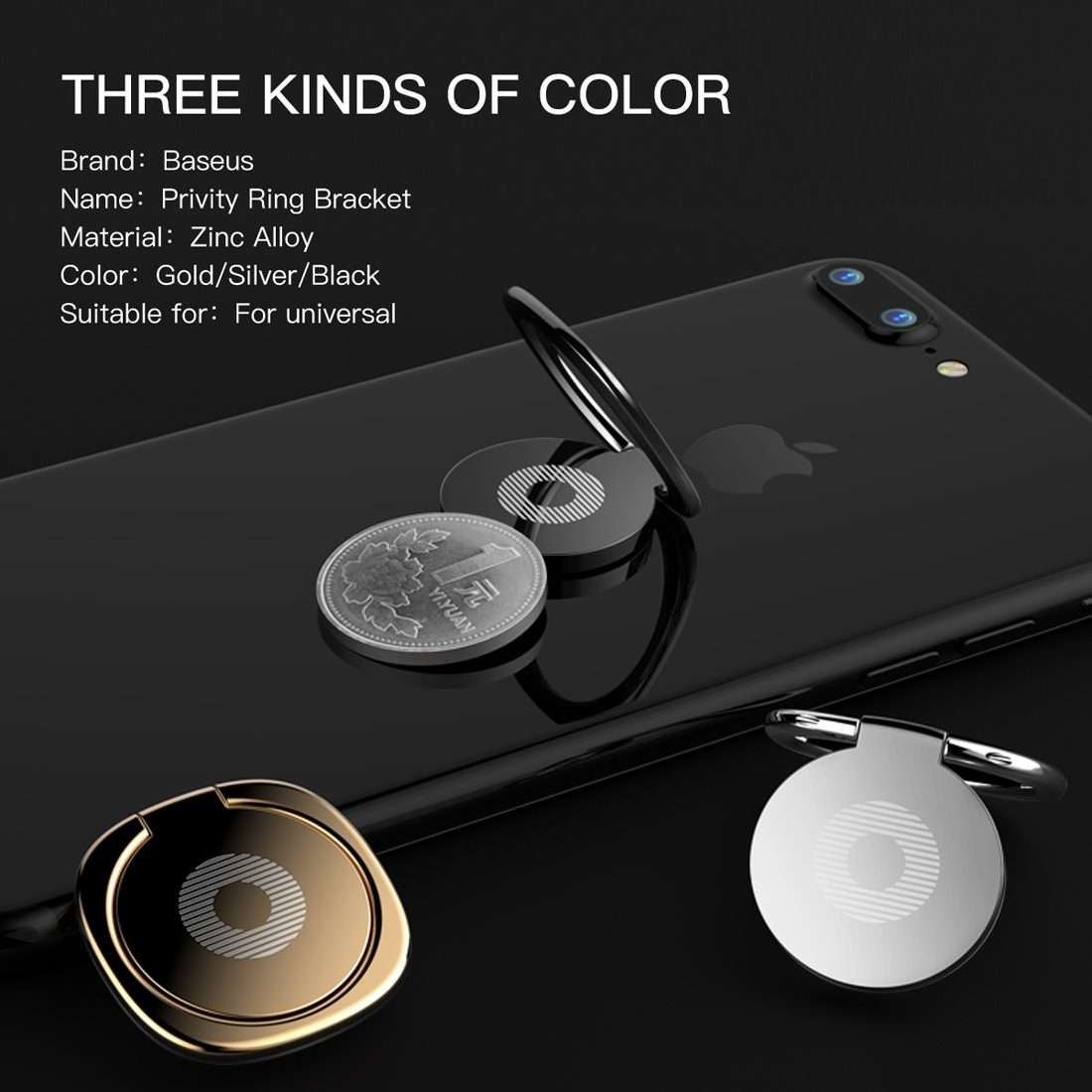 2pcs Universal 360 Degrees Rotatable Privity Metal Ring Holder Bracket for iPhone, Sam ... (Black)