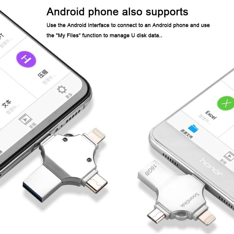 4 in 1 16GB USB 3.0 + 8 Pin + Mirco USB + USB-C / Type-C Dual-use Flash Drive with OTG Function