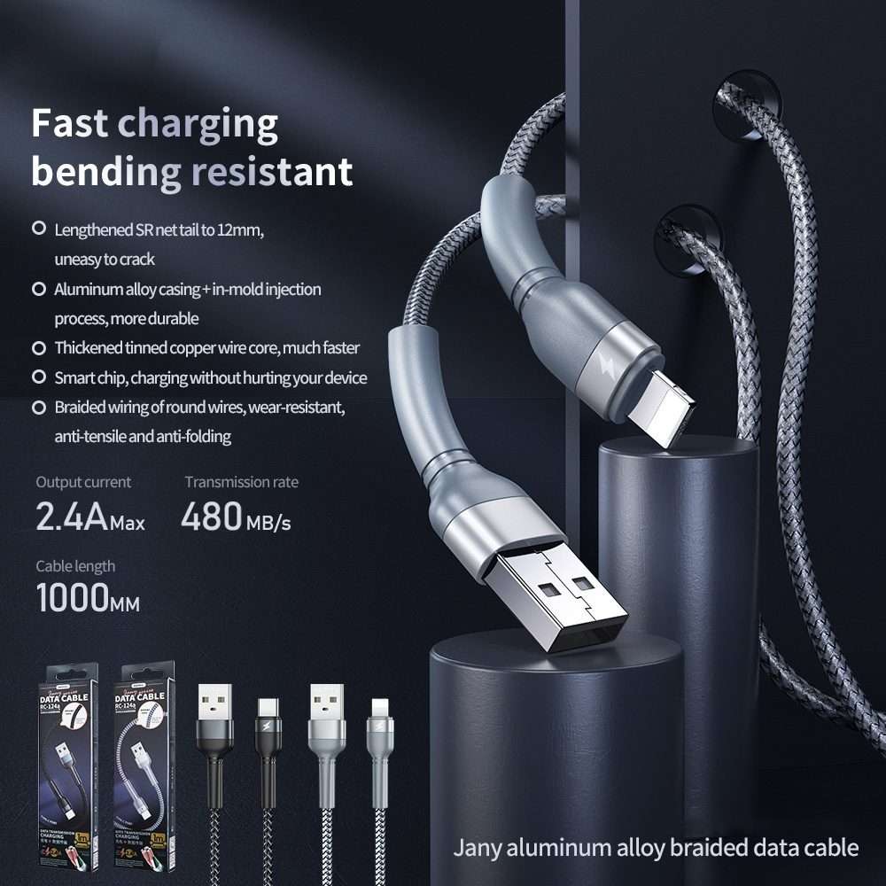 REMAX RC-124i 1m 2.4A USB to 8 Pin Aluminum Alloy Braid Fast Charging Data Cable for i ... (Black)