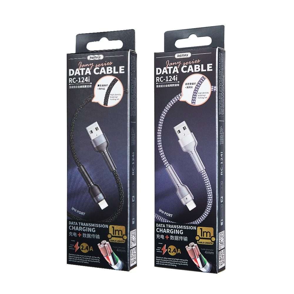 REMAX RC-124i 1m 2.4A USB to 8 Pin Aluminum Alloy Braid Fast Charging Data Cable for i ... (Black)