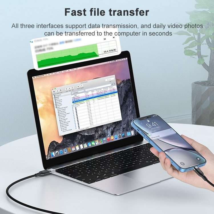 ADC-66 5A 66W 3 in 1 USB to 8 Pin + Micro USB + USB-C / Type-C Fast Charging Braided Data Cable, C