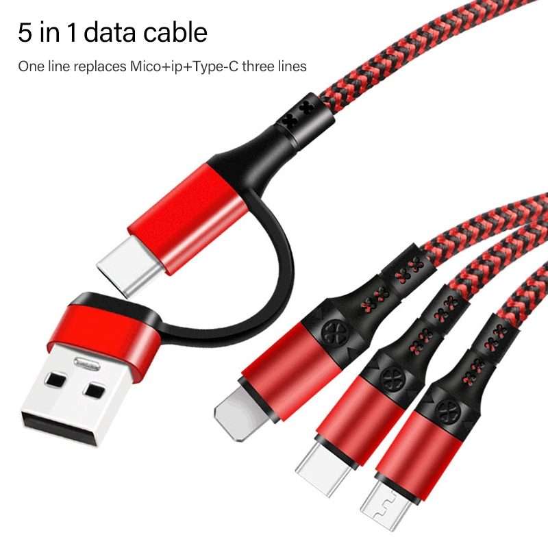 5 in 1 3A USB + USB-C / Type-C to 8 Pin + Micro USB + USB-C / Type-C Interface Two-col ... (Black)
