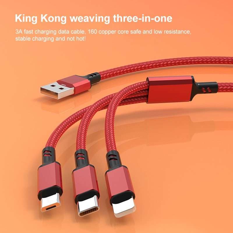 Orange Plug 3A 3 in 1 USB to Type-C / 8 Pin / Micro USB Fast Charging Cable, Cable Len ... (Black)