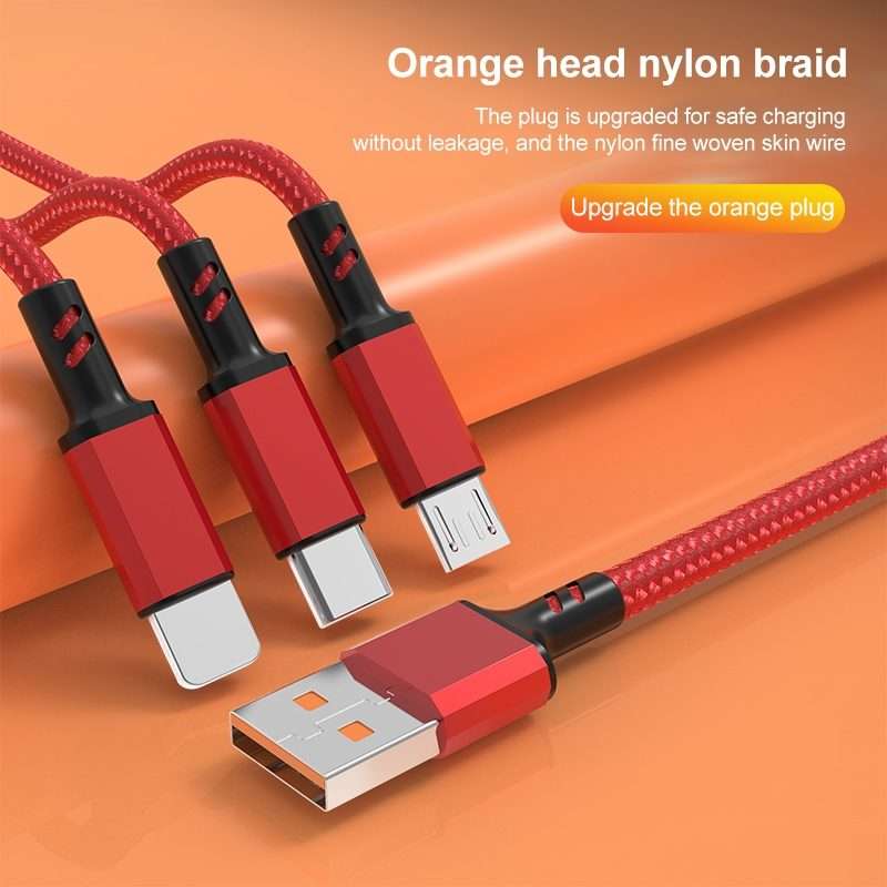Orange Plug 3A 3 in 1 USB to Type-C / 8 Pin / Micro USB Fast Charging Cable, Cable Len ... (Black)