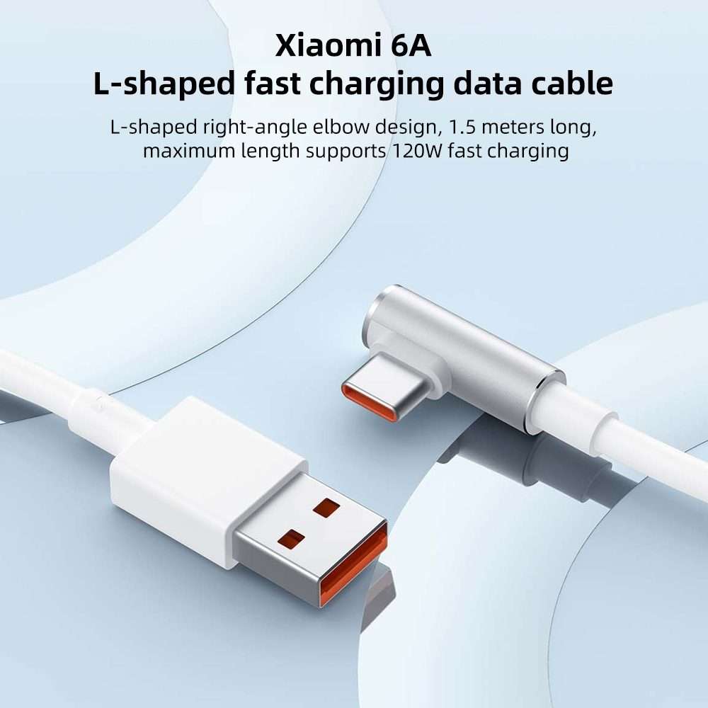Original Xiaomi 6A USB to USB-C / Type-C 90 Degree Elbow Fast Charging Data Cable, Length: 1.5m