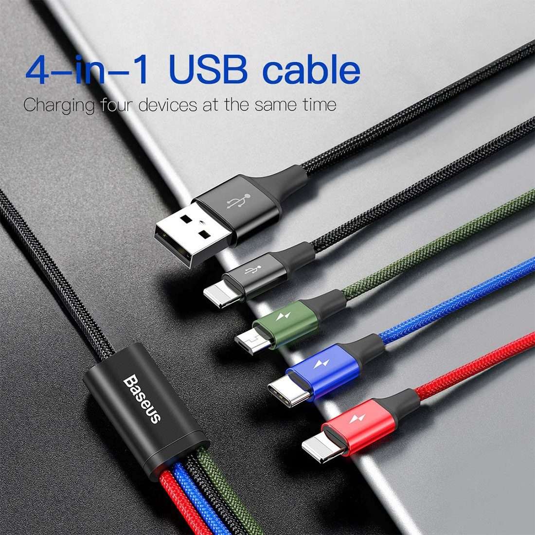 1.2m Baseus 4 in 1 Rapid Series 3.5A USB to 2 x 8Pin + USB-C / Type-C + Micro USB Cable