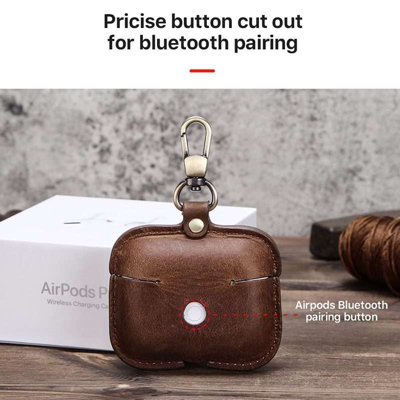 CF1108 For AirPods Pro Crazy Horse Texture Earphone Protective Leather Case with Hook(Coffee)