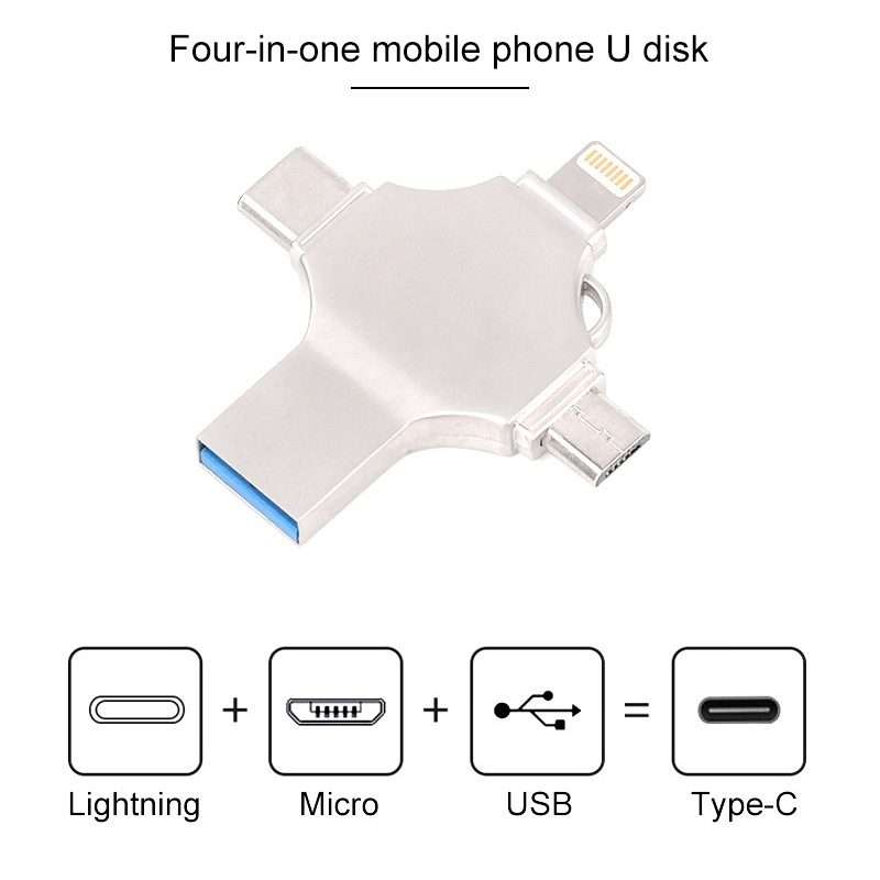 Cross 4 in 1 64GB 8 Pin + Micro USB + USB-C / Type-C + USB 3.0 Metal Flash Disk(Silver)