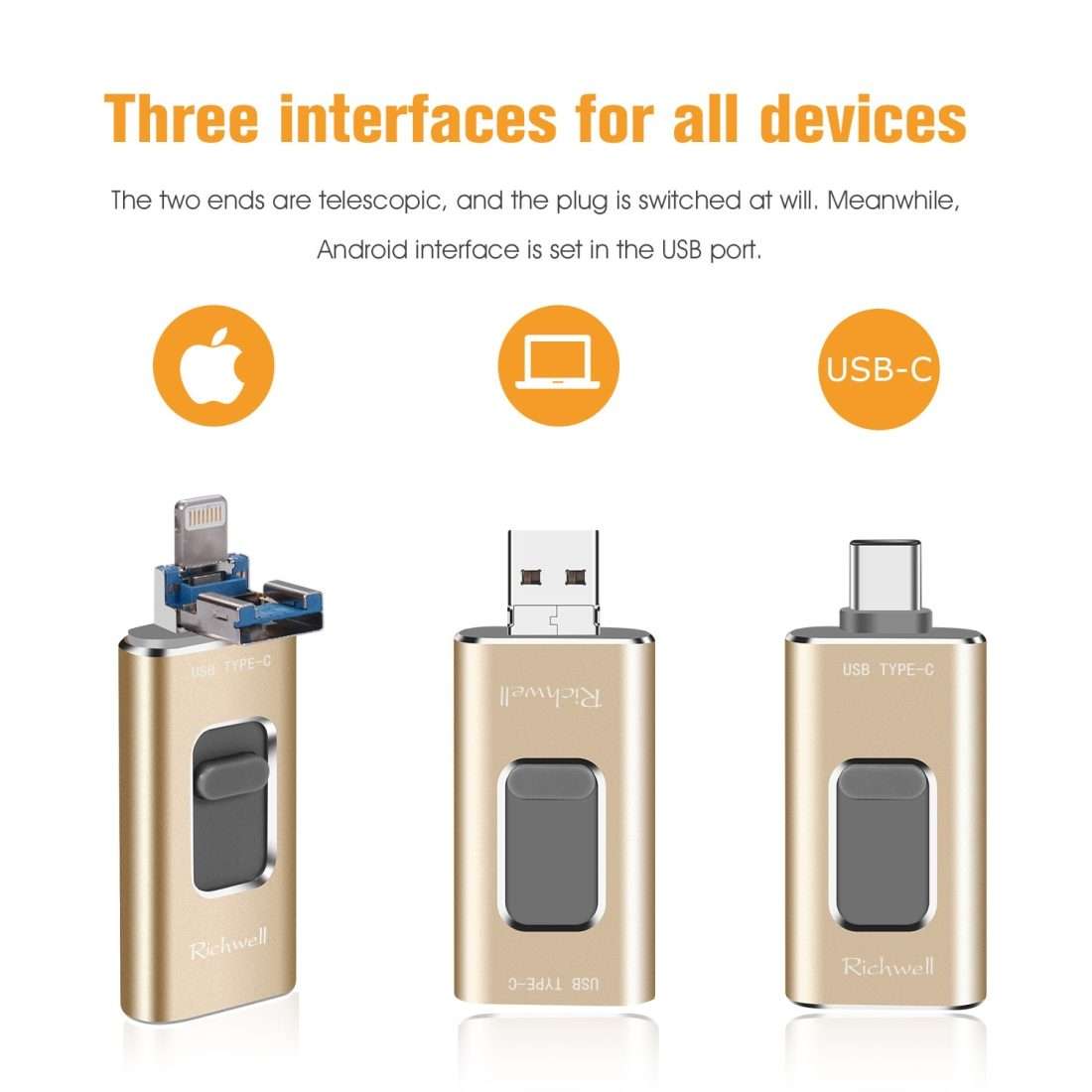 Richwell 3 in 1 128G Type-C + 8 Pin + USB 3.0 Metal Push-pull Flash Disk with OTG Function(Silver)
