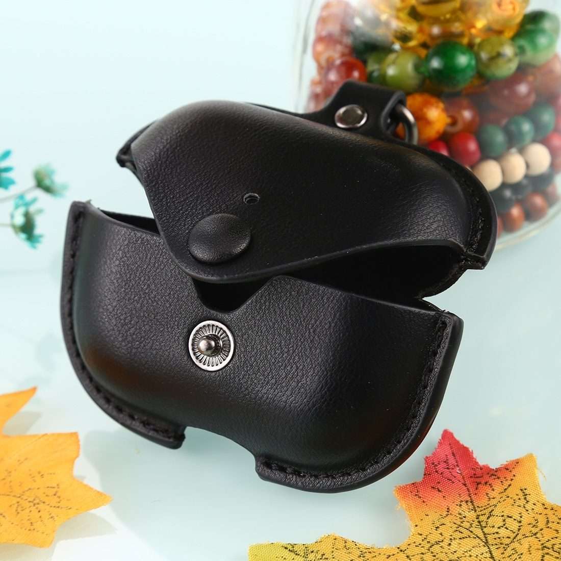 For AirPods Pro Litchi Texture PU Leather Earphone Protective Case with Hook(Black)