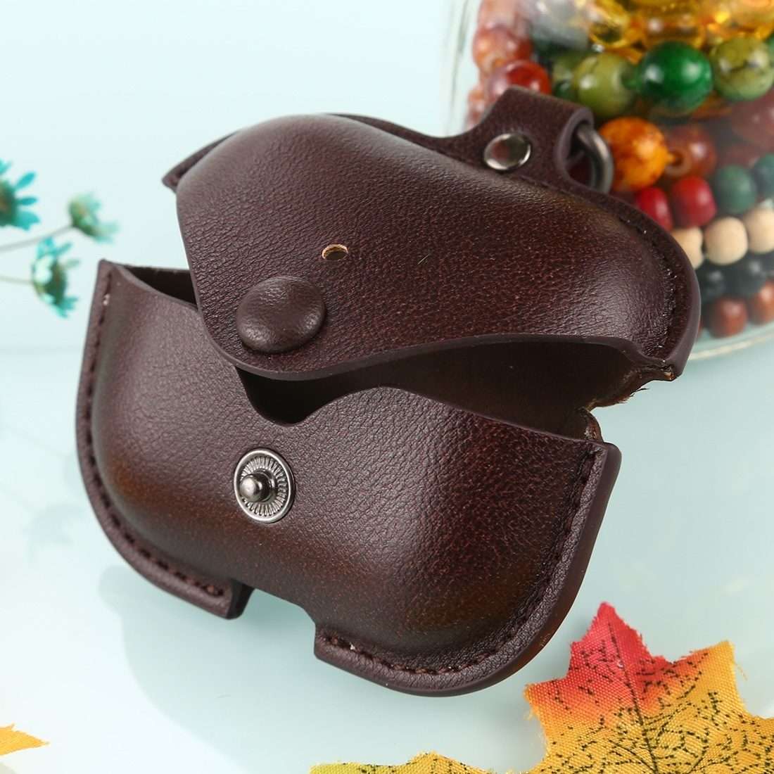 For AirPods Pro Litchi Texture PU Leather Earphone Protective Case with Hook(Coffee)