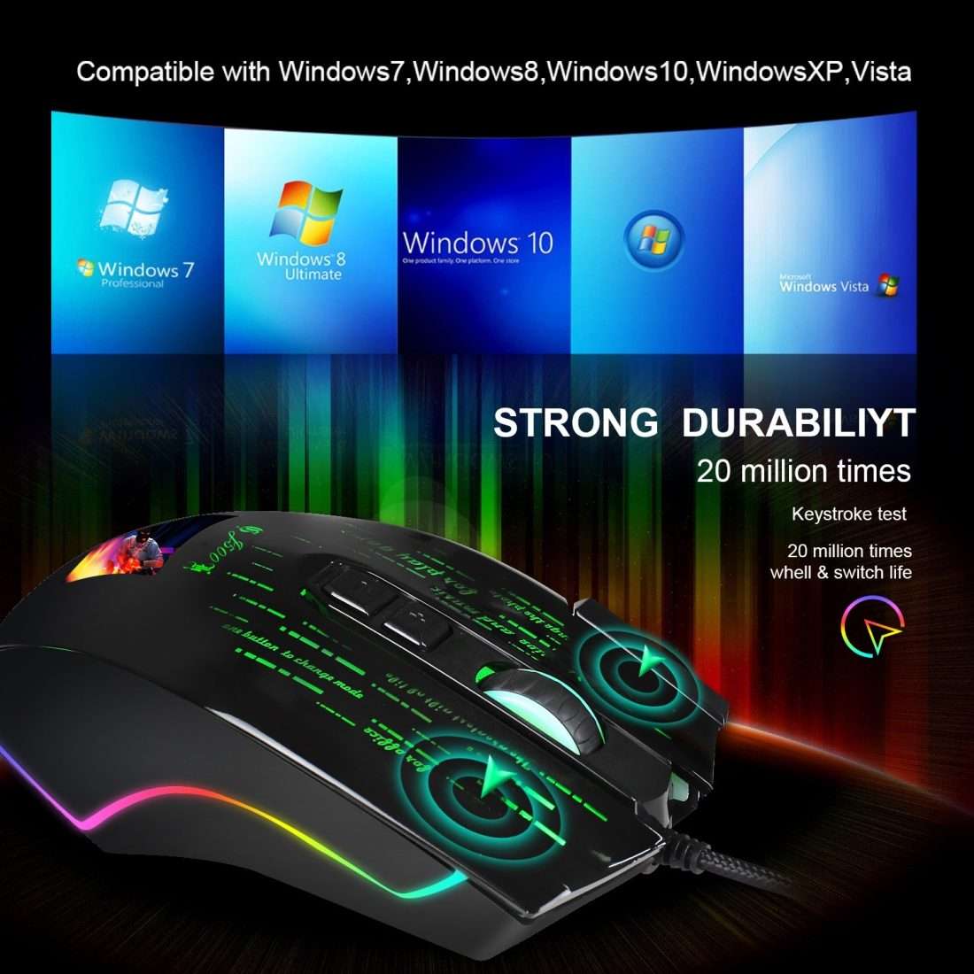 HXSJ J500 7 Keys RGB Programmable Display Screen Gaming Wired Mouse