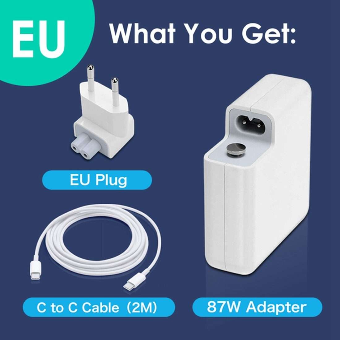 87W USB-C / Type-C Power Adapter with 2m USB Type-C Male to USB Type-C Male Charging Cable