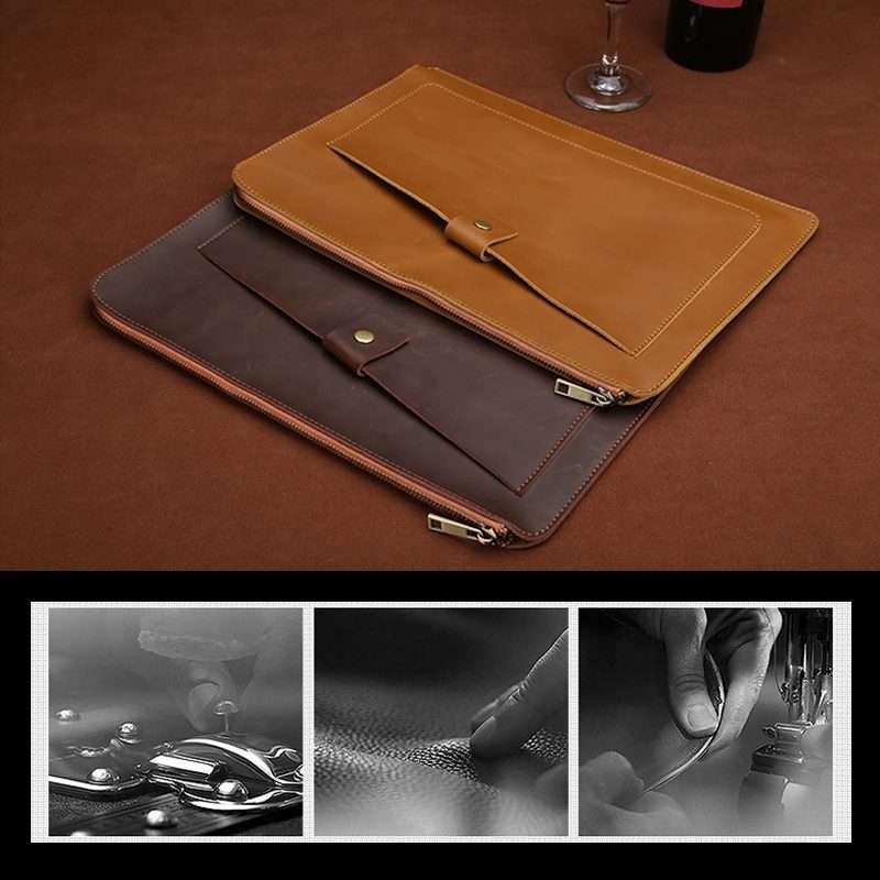 11.6 inch Genuine Leather Zipper Laptop Tablet Bag