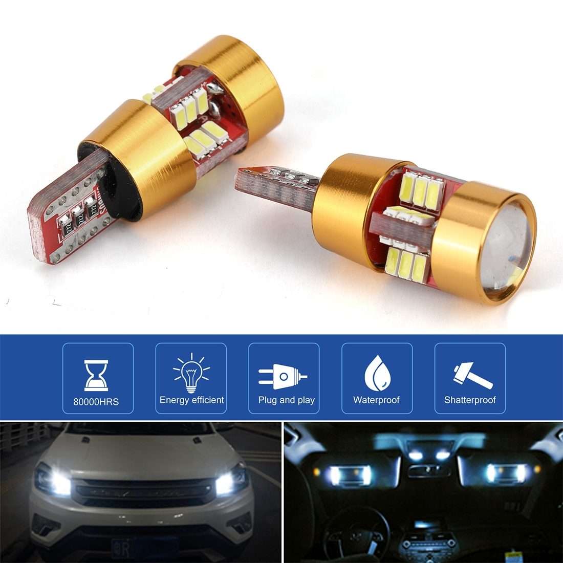 2 PCS LED Light Bulb 6000K White Super Bright 168 2825 W5W T10 Decoder Replacement