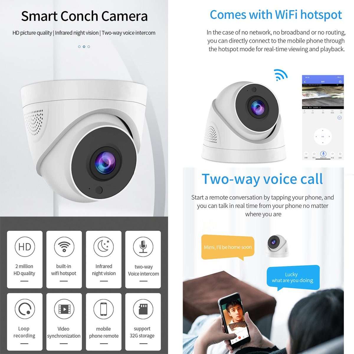 A5 Smart Conch WiFi Camera 1080P HD Night Vision IP Camera, USB Power-in (White)