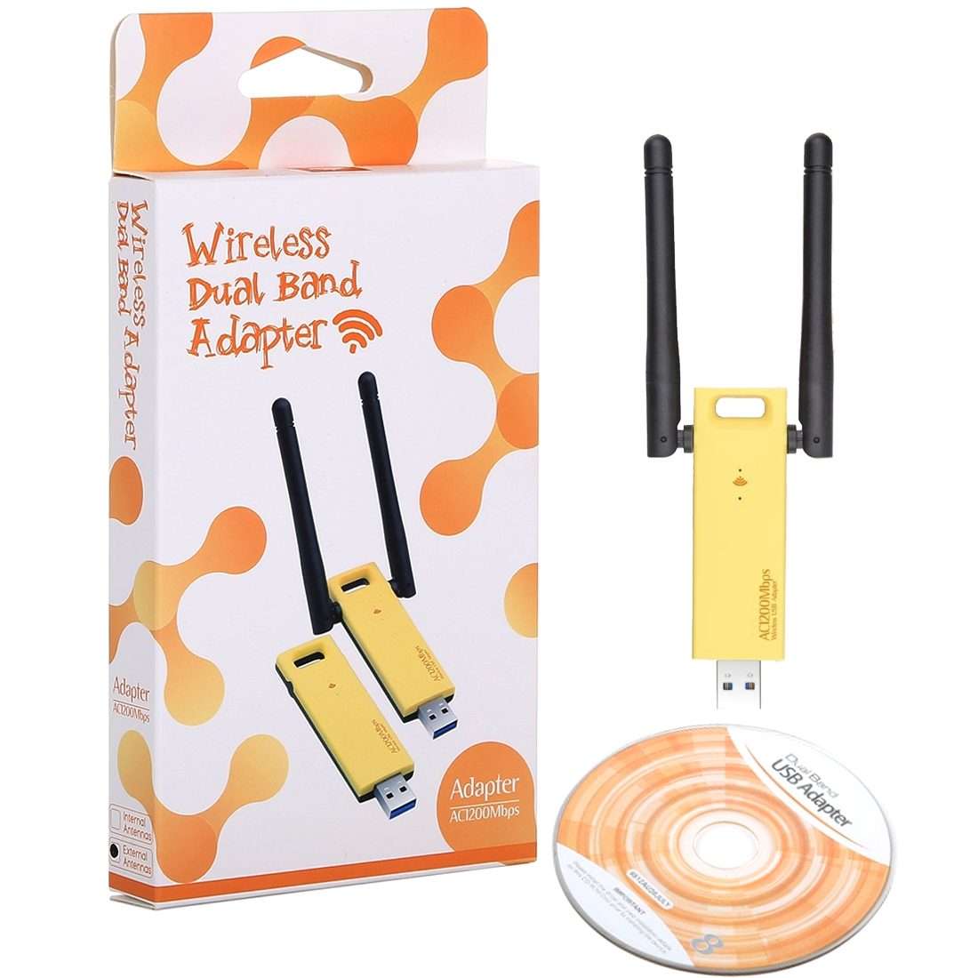 AC1200Mbps 2.4GHz & 5GHz Dual Band USB 3.0 WiFi Adapter External Network Card with 2 ... (Yellow)
