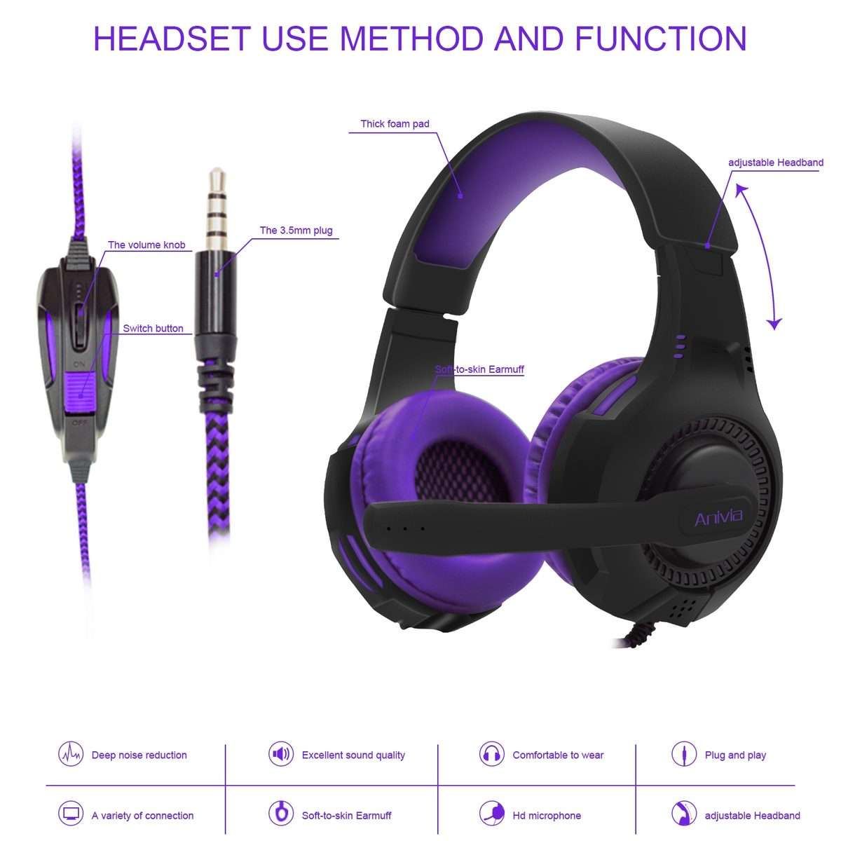 SADES AH-68 3.5mm Plug Wire-controlled E-sports Gaming Headset with Retractable ... (Black purple)