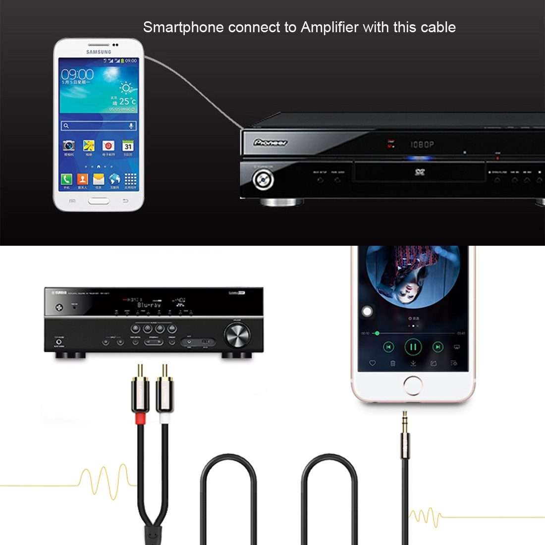 2m Gold Plated 3.5mm Jack to 2 x RCA Male Stereo Audio Cable