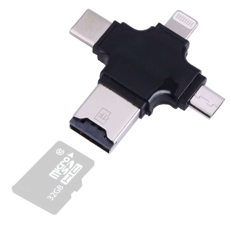 4 in 1 USB-C / Type-C & USB 2.0 & Micro USB & 8 Pin TF Card Reader for MacBook, PC, La ... (Black)