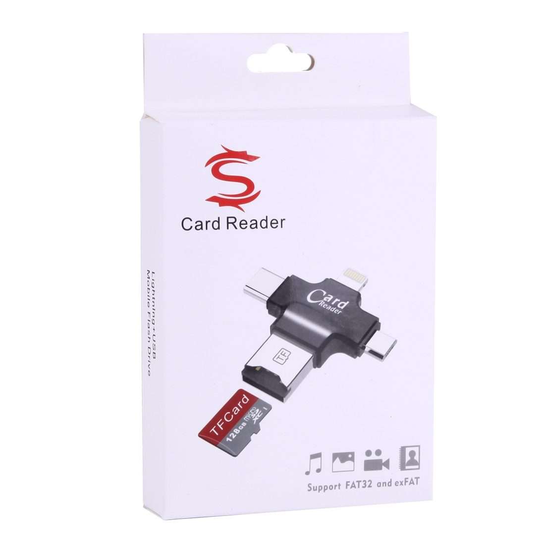 4 in 1 USB-C / Type-C & USB 2.0 & Micro USB & 8 Pin TF Card Reader for MacBook, PC, La ... (Black)