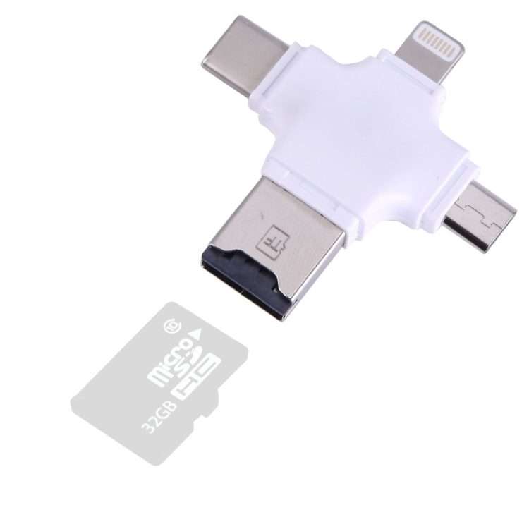 4 in 1 USB-C / Type-C & USB 2.0 & Micro USB & 8 Pin TF Card Reader for MacBook, PC, La ... (White)