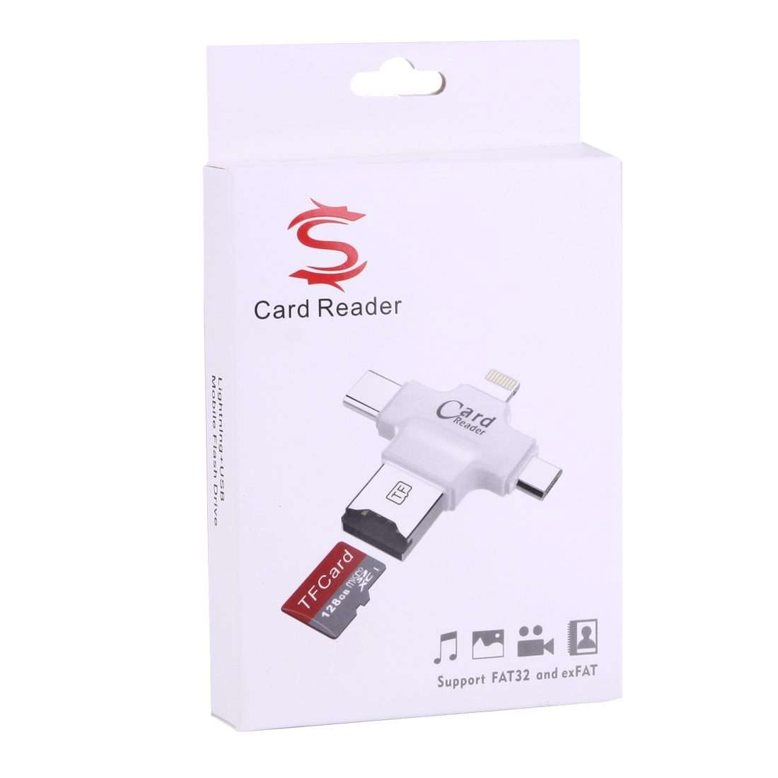 4 in 1 USB-C / Type-C & USB 2.0 & Micro USB & 8 Pin TF Card Reader for MacBook, PC, La ... (White)