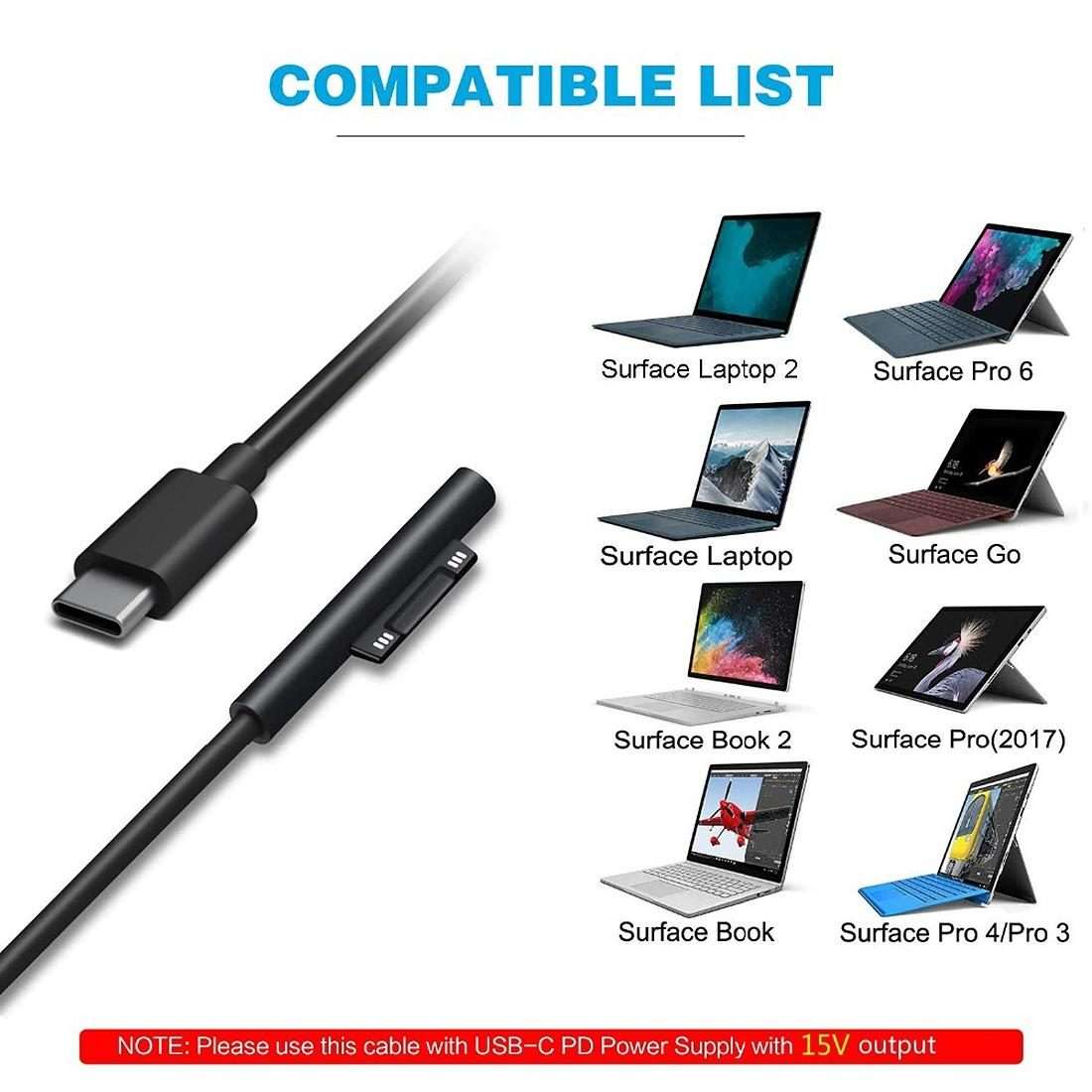 Surface Pro 7 / 6 / 5 to USB-C / Type-C Male Interfaces Power Adapter Charger Cable fo ... (Black)