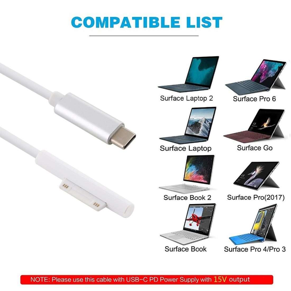 Surface Pro 7 / 6 / 5 to USB-C / Type-C Male Interfaces Power Adapter Charger Cable fo ... (White)