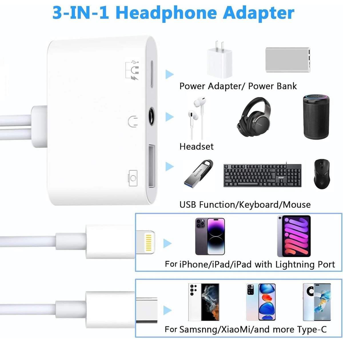NK-109Pro USB-C/Type-C+8 Pin to USB+3.5mm+USB-C/Type-C Multifunctional Audio Adapter