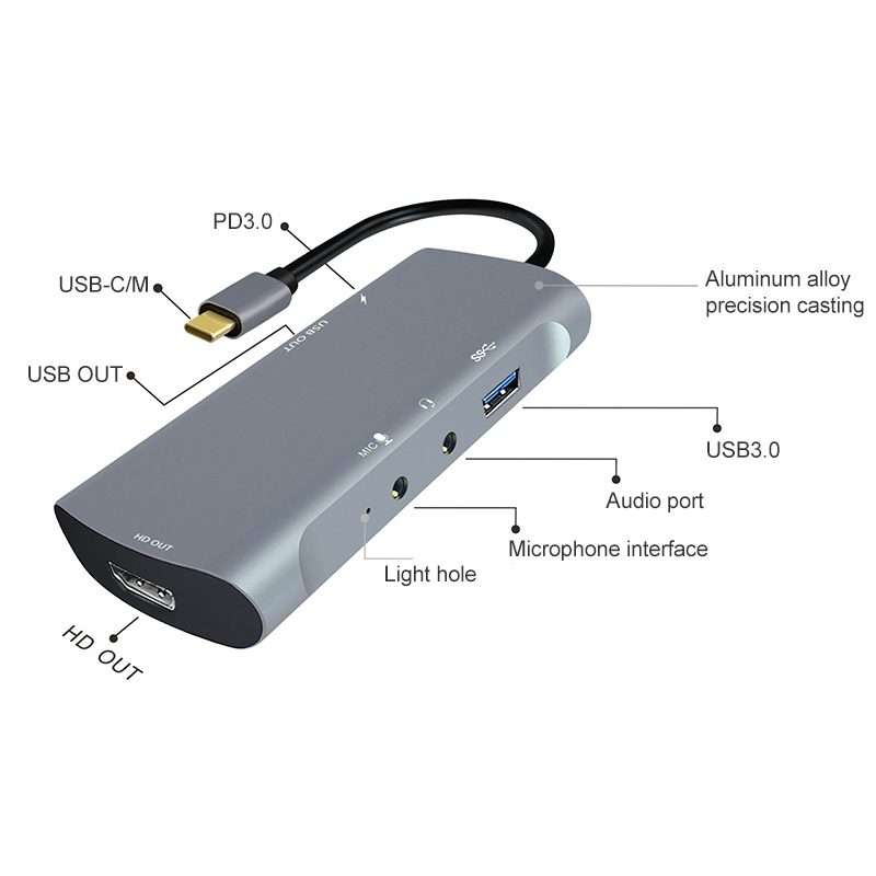 Z41 6 in 1 USB-C / Type-C to PD USB-C / Type-C + HD HDMI + USB 3.0 + 3.5mm AUX + USB + ... (Grey)