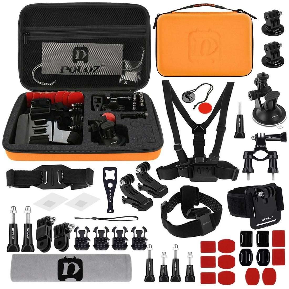 PULUZ 45 in 1 Accessories Ultimate Combo Kits with Orange EVA Case (Chest Strap + Suction Cup Moun