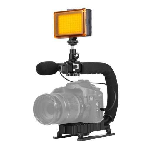 PULUZ U/C Shape Portable Handheld DV Bracket Stabilizer + LED Studio Light + Video Shotgun Microph